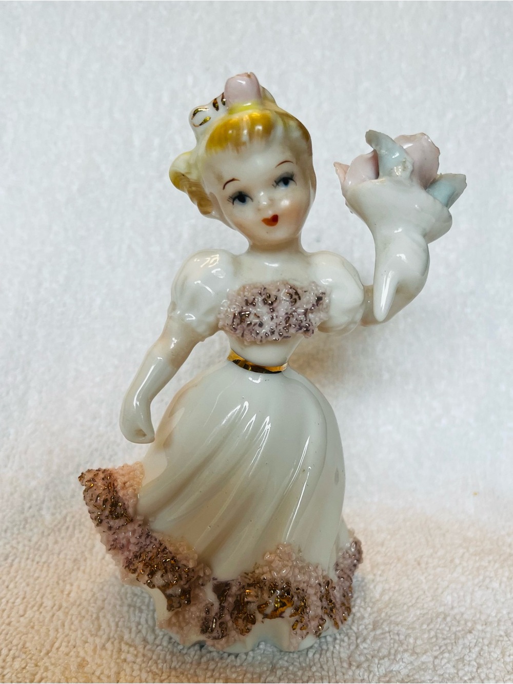 Lefton- Vintage Porcelain Figurine Lady in White and Pink Dress